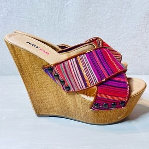 Just Fab Bohemian High Heels Wooden Wedges Sandals Multicolor Women Size 6.5